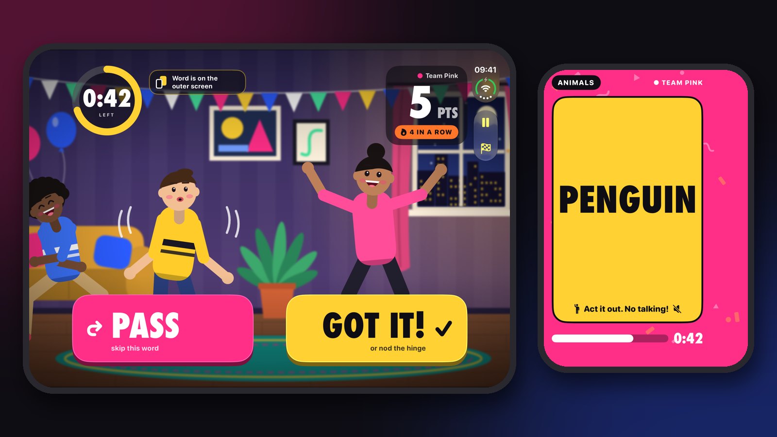 Two-Faced on iPhone Duo: the inner display shows friends acting with Pass and Got it buttons, and the outer display shows the word Penguin to them